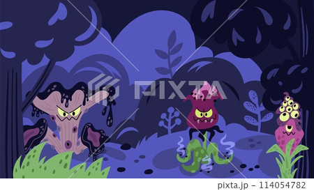 Monster plant landscape. Ominous fabulous forest landscape. Flowers and mushrooms. Predatory botany elements. Carnivorous creatures. Night woodland. Mystic flora. Garish vector concept Monster plant landscape. Ominous fabulous forest landscape. Flowers and mushrooms. Predatory botany elements. Carnivorous creatures. Night woodland. Mystic flora. Garish vector concept 114054782