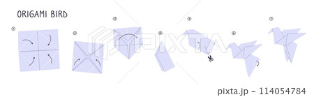 Origami scheme. Step by step instruction. Making Japanese crane guide. Folded paper bird. Friendship and good luck symbol. Asian hobby. Handmade pigeon manual. Garish vector concept 114054784