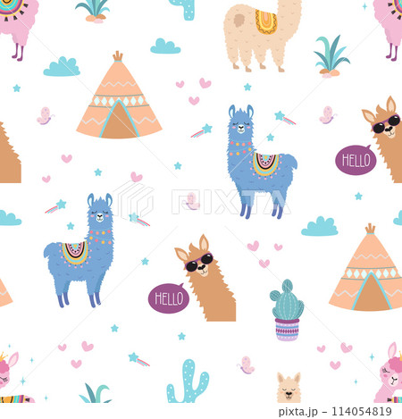 seamless pattern with cute cartoon llamas seamless pattern with cute cartoon llamas 114054819