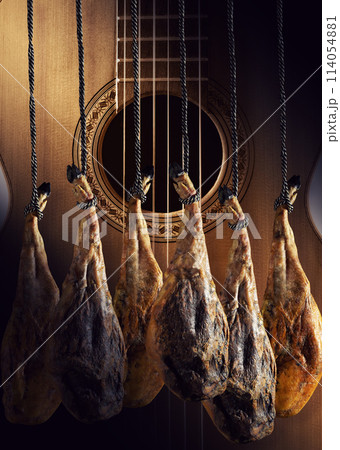 Dry Spanish ham, Jamon Serrano, Bellota, Italian Prosciutto Crudo or Parma ham. Dry Spanish ham, Jamon Serrano, Bellota, Italian Prosciutto Crudo or Parma ham. 114054881