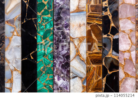 Set of luxury precious stones with gold leafs for exclusive artwork Petrified wood, Smoky Quartz, Agate, Tigers Eye, Black Obsidian, Malachite, Rose Quartz. Set of luxury precious stones with gold leafs for exclusive artwork Petrified wood, Smoky Quartz, Agate, Tigers Eye, Black Obsidian, Malachite, Rose Quartz. 114055214