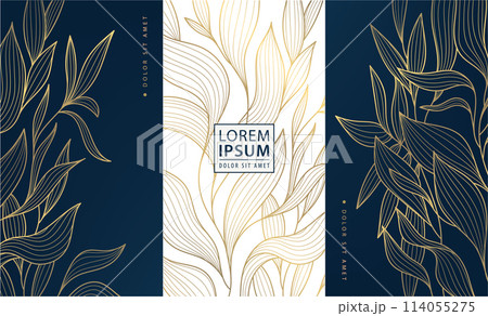 Vector set of gold leaves design tags, luxury plant labels, abstract floral textures. Nature cards, tropical illustrations, perfume, wine, jewelry graphic. 114055275