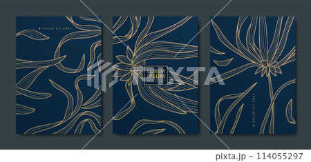 Vector set of gold flowers and leaves patterns, luxury floral abstract design. Wedding invitation, royal line cards, wall art. Vector set of gold flowers and leaves patterns, luxury floral abstract design. Wedding invitation, royal line cards, wall art. 114055297