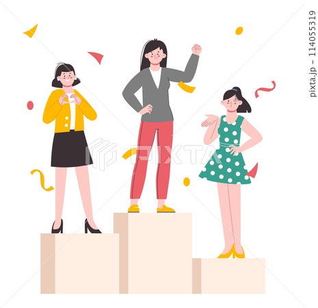 Female winners on podium. Award ceremony, business or sport competition. Championship, leadership concept. Woman win vector scene 114055319