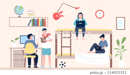 Exam preparation together. Students in dormitory room studying and communication. Young adults accommodation in hostel, recent vector scene 114055351