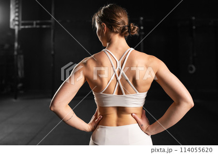 Rear view of young muscular woman in gym. Routine workout for physical and mental health. Rear view of young muscular woman in gym. Routine workout for physical and mental health. 114055620