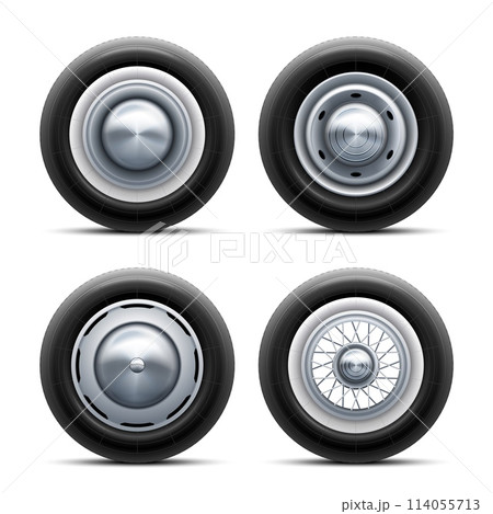 Realistic retro tires. Vintage car wheel with chrome hubcap, old spare wheels tire with disk rim hub of bus or van transport, champion race 3d auto nowaday vector illustration 114055713