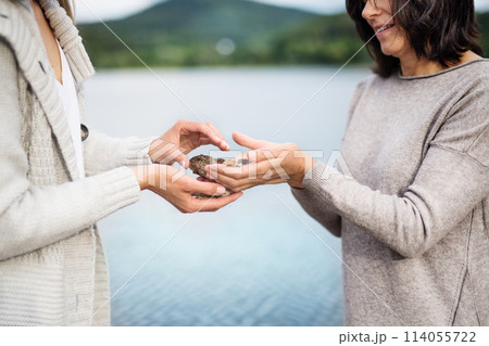 Two females, mother and daughter, holding and exchanging small stones. Building foundations of relationship. 114055722