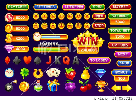 Mobile casino interface. Game slot interface, gambling progressive application digital menu ui icons button header window panel, cartoon poker jackpot neoteric vector illustration 114055723
