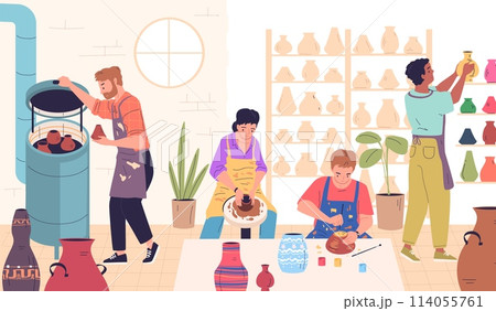 Pottery workshop. Artisan master teaching making handmade clay cup, ceramic handicraft lessons, artist shaping earthenware decor souvenir in art studio, classy vector illustration 114055761