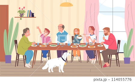 Family dinner together. Cartoon child parents grandparents eat holiday meal in dining kitchen house room, people sitting at table eating food home lunch, classy vector illustration Family dinner together. Cartoon child parents grandparents eat holiday meal in dining kitchen house room, people sitting at table eating food home lunch, classy vector illustration 114055776