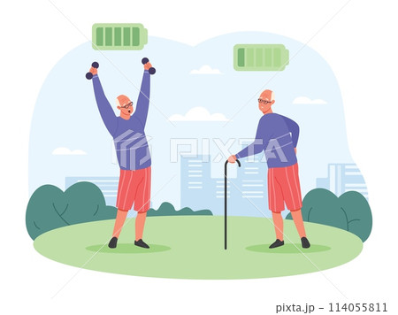 Elderly man energy. Tired weak sleeping senior and active old grandpa sport exercising, full or low lack power battery grandfather tiredness issues male old men vector illustration 114055811