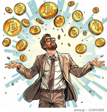 Vector illustration of a man in a business suit with a golden bitcoin. 114055885