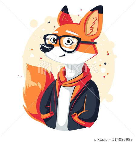 Cute fox in glasses and a warm jacket. Vector illustration. 114055988