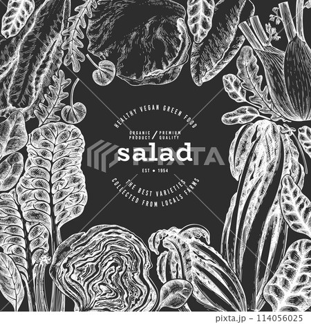 Green Vegetable Design Template. Vector Hand Drawn Healthy Leaf Salad Banner. Vintage Style Menu IllustrationOn Chalk Board. 114056025