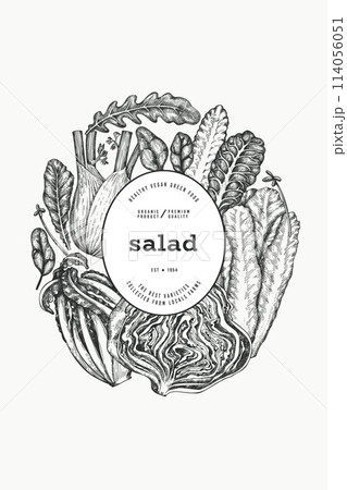 Green Vegetable Design Template. Vector Hand Drawn Healthy Leaf Salad Banner. Vintage Style Menu Illustration. Green Vegetable Design Template. Vector Hand Drawn Healthy Leaf Salad Banner. Vintage Style Menu Illustration. 114056051