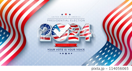 USA 2024 Presidential Election Banner Illustration with American Flag in Text Label on Light Background. Vector Vote Day, November 5. United States Election Voting Design with Typography for Poster 114056065
