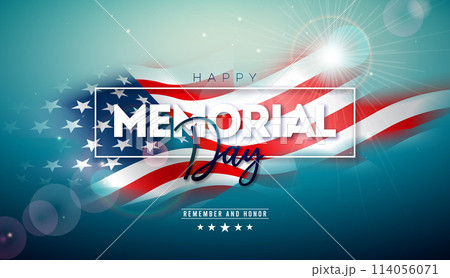 Memorial Day of the USA Vector Banner Design with Blurred American Flag on Shiny Sky Blue Background. National Patriotic Celebration Illustration for Postcard, Flyer, Web Banner, Greeting Card 114056071