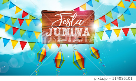 Festa Junina Illustration with Party Flags and Paper Lantern on Blue Cloudy Background. Vector Brazil June Traditional Holiday Festival Design for Celebration Banner, Greeting Card, Invitation or 114056101