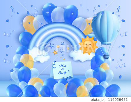 Realistic baby shower composition background with rainbow and balloons for a boy 114056451
