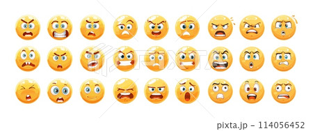 Yellow emoji cartoon vector set. Anger irritation rage smile rabies bewilderment curiosity confusion sadness hysteria nervousness various emotions, chats messengers communication mood emoticons 114056452