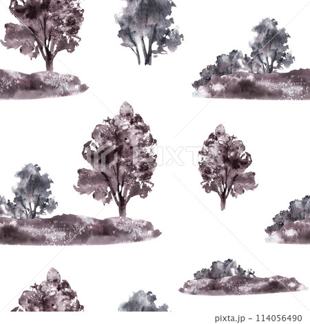 Landscape with field, meadow, bushes, trees, hills seamless pattern. Watercolor monochromatic vintage rural nature clipart for packaging label Hand draw illustration. Isolated white background 114056490