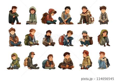 Homeless people cartoon vector set. Men boys young old poor people hoodie backpack shabby worn clothes, begging desperate sad street living sitting poses characters, illustrations isolated on white 114056545