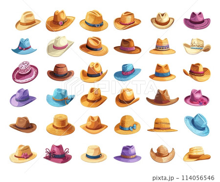 Hats cartoon vector set. Men woman panama derby straw cowboy beach modern vintage clothes accessories illustrations isolated on white background 114056546