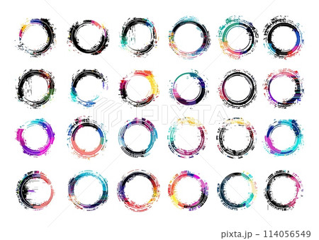 Glitch circle frame color vector set. Round digital error video texture color visual decay ring objects highlighted on white background 114056549