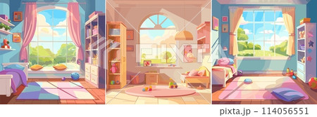 Girl room empty interior cartoon vector illustrations. Shelves bed pillows floor toys indoor plants large window sun lighting premises colored children concepts 114056551