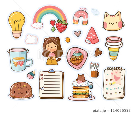 Girl diary stickers doodle vector set. Mug cake heart bulb cat clipart cake magnet rainbow tail strawberry elements isolated on white background 114056552