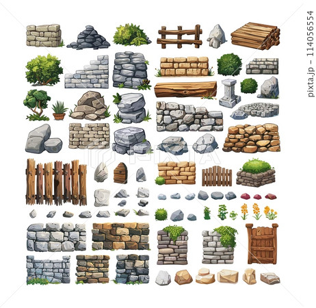 Garden materials cartoon vector set. Stone masonry hedge bushes fence wooden gates marble pedestal plants tiles trees decorative elements isolated on white background 114056554