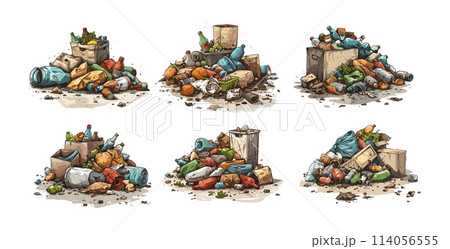 Garbage pile cartoon vector set. Food industrial plastic waste decay dirt mud junk trash heap illustrations isolated on white background 114056555
