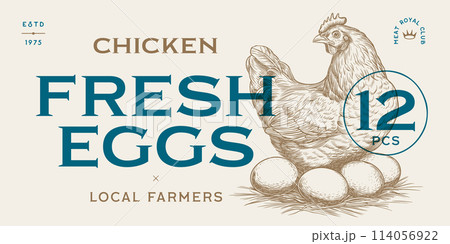 Chicken, hen with nest, eggs tag label. Template chicken, hen eggs tag label. Vintage chicken print, sketch ink pencil drawing, tag, label. Chicken eggs, design, text, typography. Vector Illustration Chicken, hen with nest, eggs tag label. Template chicken, hen eggs tag label. Vintage chicken print, sketch ink pencil drawing, tag, label. Chicken eggs, design, text, typography. Vector Illustration 114056922