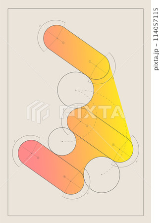 Vector illustration. Minimalist graphic design. Colorful, abstract figure with overlapping orange and yellow shapes and white outlined circles Vector illustration. Minimalist graphic design. Colorful, abstract figure with overlapping orange and yellow shapes and white outlined circles 114057115