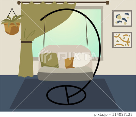 Vector illustration with a modern hanging sofa with cushions in the living room with a large window Vector illustration with a modern hanging sofa with cushions in the living room with a large window 114057125