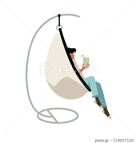Vector icon with a hanging chair in the shape of an egg, in which a girl is resting 114057150