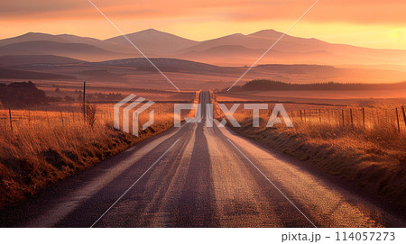 country road with mountain background in evening 114057273