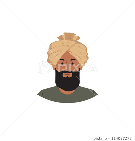 Vector icon with a man with a beard and mustache in a traditional turban on a white background. 114057275