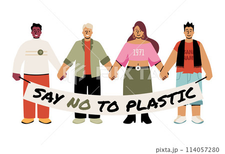 Say no to plastic slogan demand demonstration, vector cartoon ecology activist people multinational community agitation 114057280