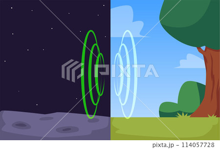 Magic portal or teleport from alien space planet to Earth, travel in time and dimension, quantum leap fantastic vector 114057728