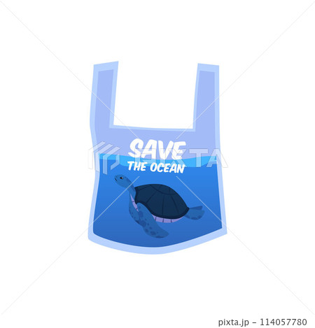 Illustration of a turtle on a plastic bag. Vector isolated illustration. Illustration of a turtle on a plastic bag. Vector isolated illustration. 114057780