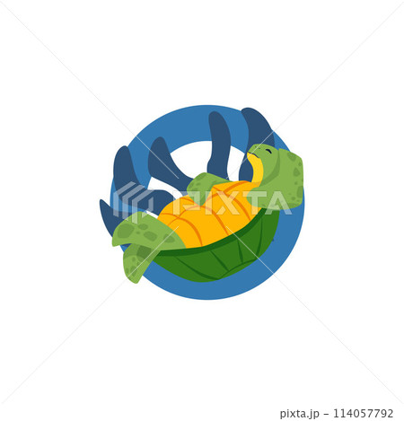 Vector logo on a white background: green sea turtle with spotted fins resting on blue corals 114057792