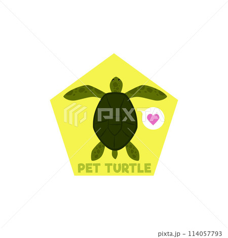 Cute sea turtle vector hexagon icon, cartoon green tortoise reptile animal, exotic amphibian pet with heart sign 114057793
