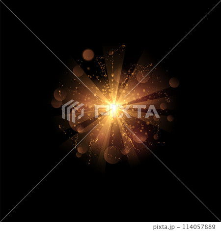 Magic burst, orange glow sparkling effect vector, bright star dust sparks in explosion on black, illuminated light flash 114057889