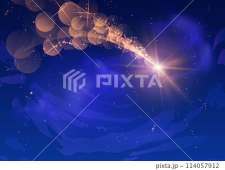 Falling star, comet or asteroid with orange sparkling flame trail in the dark sky vector illustration, fireball flash Falling star, comet or asteroid with orange sparkling flame trail in the dark sky vector illustration, fireball flash 114057912