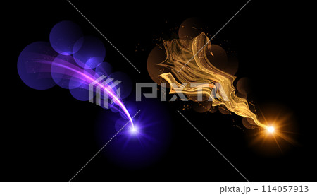 Shooting star with falling off glittering dust and sparkles trace vector set, blue and orange flash with shimmery trail 114057913