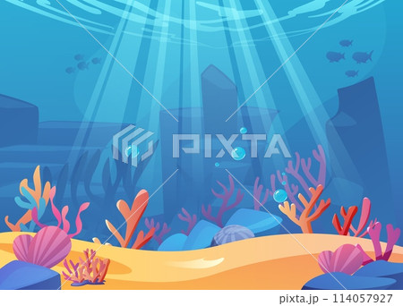 Vector illustration of seabed featuring sandy, vibrant corals, rocks, and a variety of fish Vector illustration of seabed featuring sandy, vibrant corals, rocks, and a variety of fish 114057927