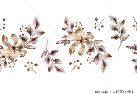 Monochrome flower and branch in maroon watercolor. Abstract plants in dark brown color seamless border isolated. Monotone sepia leaves hand drawn. Design of textile, package 114058461