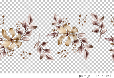 Monochrome flower and branch in maroon watercolor. Abstract plants in dark brown color seamless border isolated. Monotone sepia leaves hand drawn. Design of textile, package 114058461